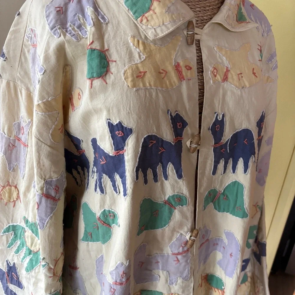 April Cornell for Cornell Trading Animal Appliqué Jacket Coat S/M Cream Art Wear